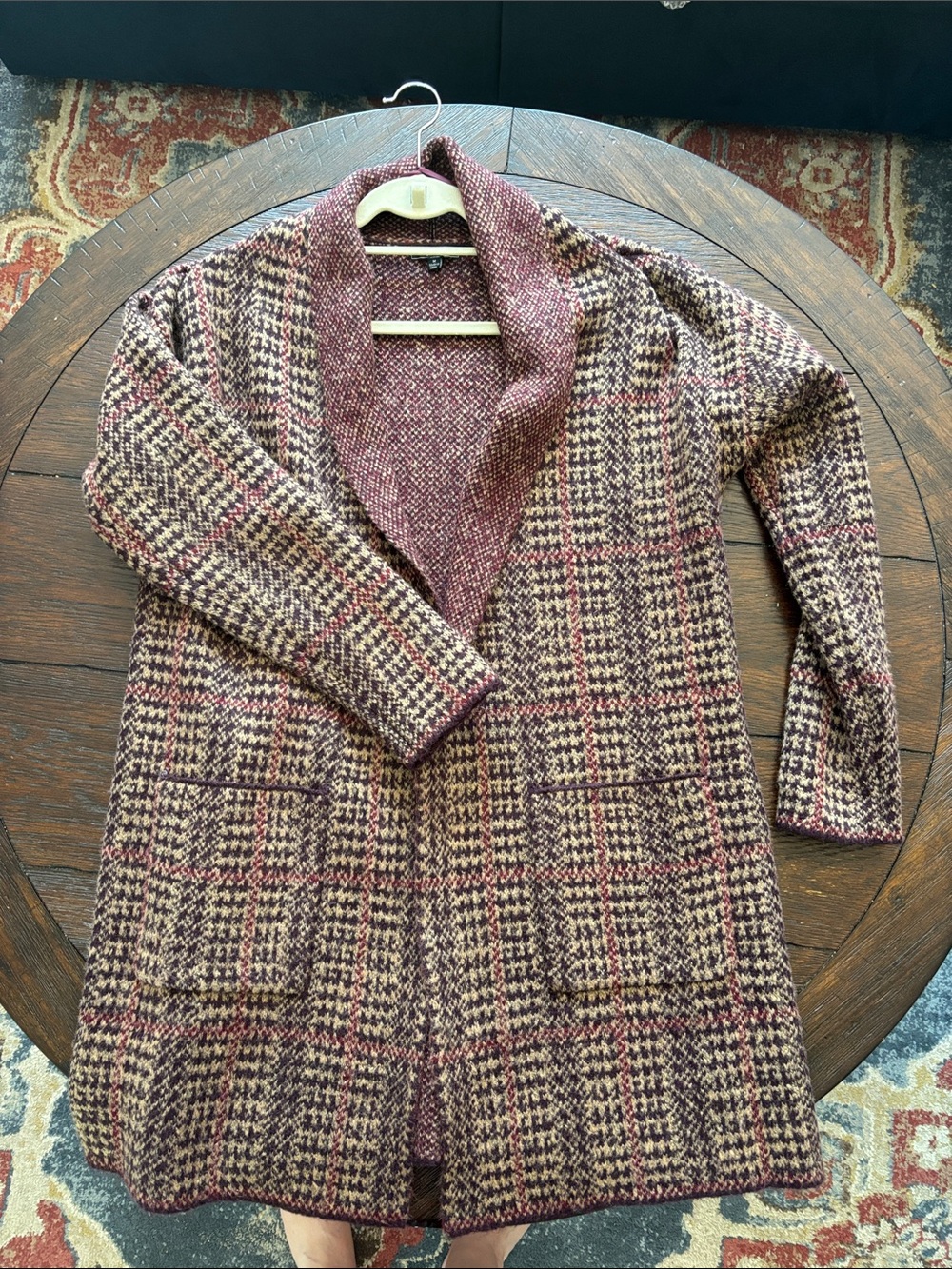 Women's Plaid Shawl-Collar Coatigan - Burgundy/Tan